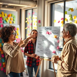 A vibrant office setting filled with colorful post-it notes on the walls, two diverse adults engaged in an animated discussion