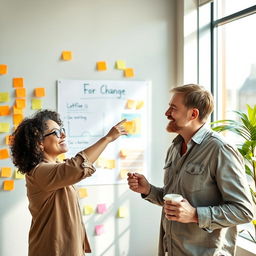 A vibrant office setting filled with colorful post-it notes on the walls, two diverse adults engaged in an animated discussion