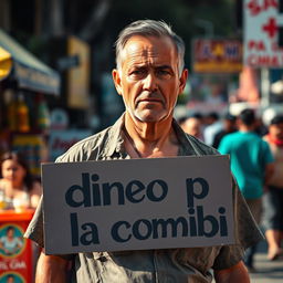 A middle-aged man standing on a busy street, wearing a torn shirt, holding a sign that reads "dinero pa la combi" in bold letters