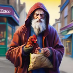 The image is a vibrant digital art illustration showcasing a homeless wild magic sorcerer