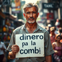 A middle-aged man standing on a busy street, wearing a torn shirt, holding a sign that reads "dinero pa la combi" in bold letters