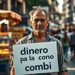 A middle-aged man standing on a busy street, wearing a torn shirt, holding a sign that reads "dinero pa la combi" in bold letters