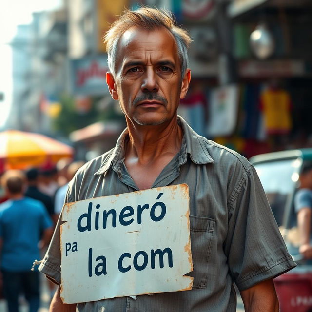 A middle-aged man standing on a busy street, wearing a torn shirt, holding a sign that reads "dinero pa la combi" in bold letters