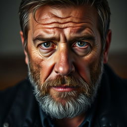A close-up portrait of a middle-aged man with a strong jawline and deep-set eyes