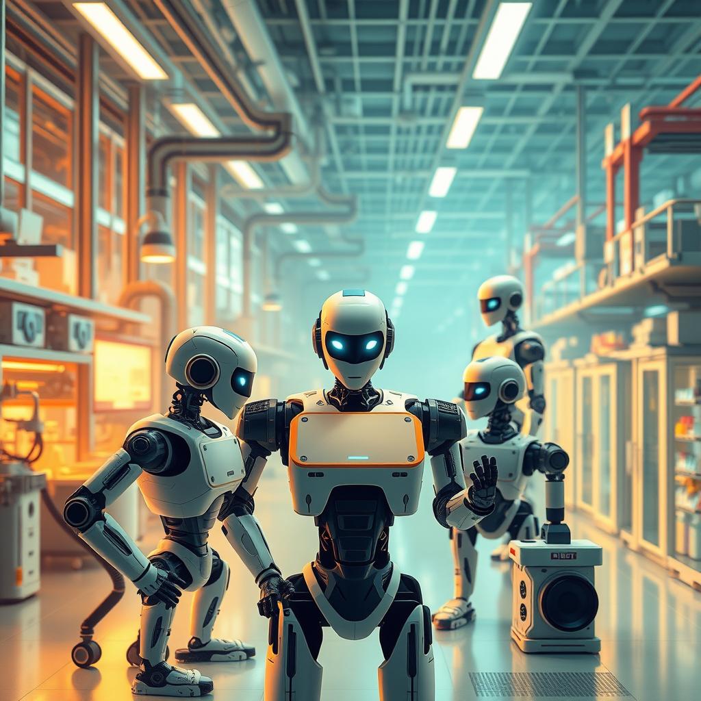 An engaging and informative introduction to the robotics industry, showcasing various aspects such as innovative robotic technologies, automated manufacturing, robots in healthcare, and advancements in AI and machine learning