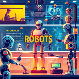 An engaging and informative introduction to the robotics industry, showcasing various aspects such as innovative robotic technologies, automated manufacturing, robots in healthcare, and advancements in AI and machine learning