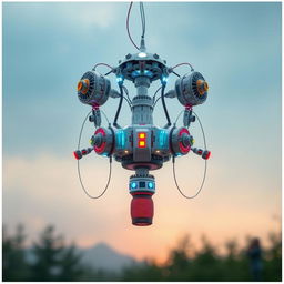 A visually stunning hanging model designed to sense both visual and sound stimuli, featuring intricate designs and colorful elements