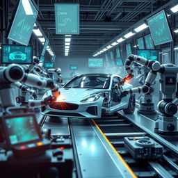 An informative and visually engaging illustration showcasing the robotics industry in car manufacturing