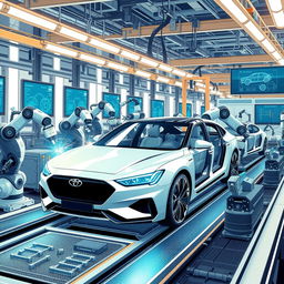 An informative and visually engaging illustration showcasing the robotics industry in car manufacturing