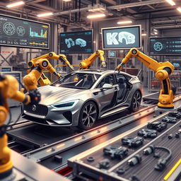 An informative and visually engaging illustration showcasing the robotics industry in car manufacturing