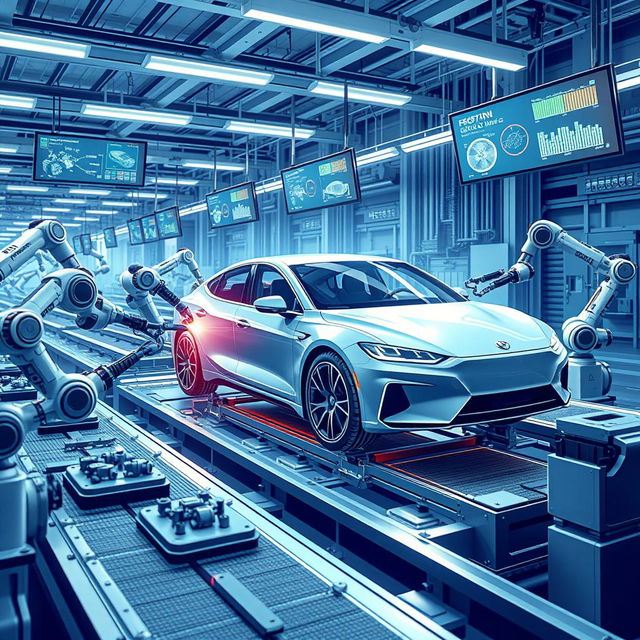 An informative and visually engaging illustration showcasing the robotics industry in car manufacturing