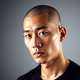 A portrait of a man with Asian features, showcasing a clean-shaven head typical of a skinhead hairstyle
