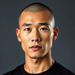 A portrait of a man with Asian features, showcasing a clean-shaven head typical of a skinhead hairstyle