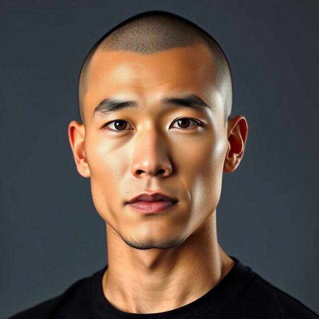 A portrait of a man with Asian features, showcasing a clean-shaven head typical of a skinhead hairstyle