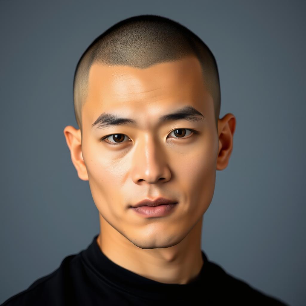 A portrait of a man with Asian features, showcasing a clean-shaven head typical of a skinhead hairstyle