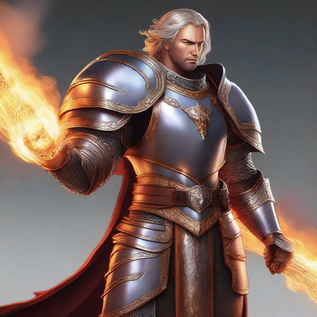 A high-quality digital art image presents a human paladin in large armor, without a helmet