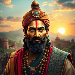A majestic portrait of Shivaji Maharaj, the great Maratha warrior king, adorned in traditional royal attire with intricate details