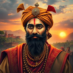 A majestic portrait of Shivaji Maharaj, the great Maratha warrior king, adorned in traditional royal attire with intricate details