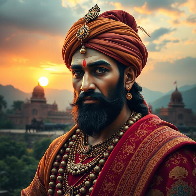 A majestic portrait of Shivaji Maharaj, the great Maratha warrior king, adorned in traditional royal attire with intricate details