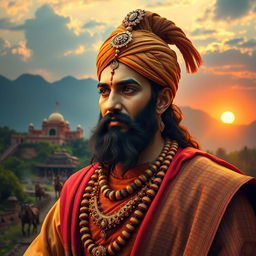 A majestic portrait of Shivaji Maharaj, the great Maratha warrior king, adorned in traditional royal attire with intricate details