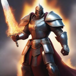 A high-quality digital art image presents a human paladin in large armor, without a helmet