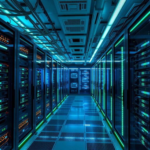 A futuristic server room filled with sleek, high-tech servers and glowing LED lights, featuring rows of powerful computing machines with intricate wiring and cooling systems