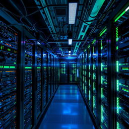 A futuristic server room filled with sleek, high-tech servers and glowing LED lights, featuring rows of powerful computing machines with intricate wiring and cooling systems