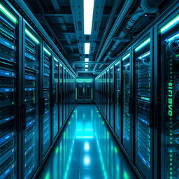 A futuristic server room filled with sleek, high-tech servers and glowing LED lights, featuring rows of powerful computing machines with intricate wiring and cooling systems