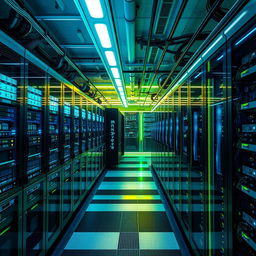 A futuristic server room filled with sleek, high-tech servers and glowing LED lights, featuring rows of powerful computing machines with intricate wiring and cooling systems