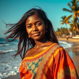 A 20-year-old Goan woman standing near a serene beach, with black skin that glows under the warm sunlight