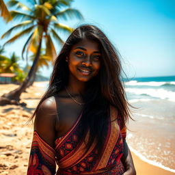 A 20-year-old Goan woman standing near a serene beach, with black skin that glows under the warm sunlight
