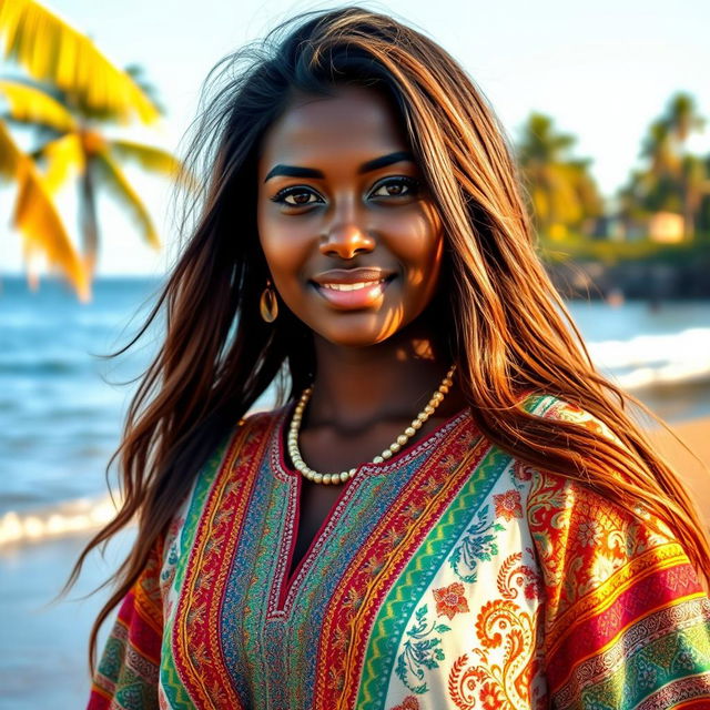 A 20-year-old Goan woman standing near a serene beach, with black skin that glows under the warm sunlight