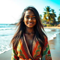 A 20-year-old Goan woman standing near a serene beach, with black skin that glows under the warm sunlight