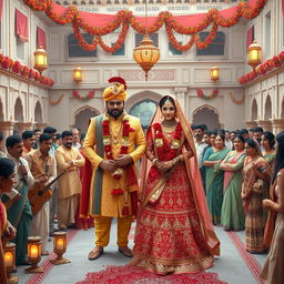 A grand Rajput wedding ceremony set in an ancient palace courtyard, featuring Goga Ji dressed in magnificent royal attire alongside a majestic bride adorned in traditional bridal outfit, colorful jewelry, and intricate henna designs