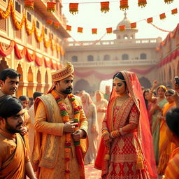 A grand Rajput wedding ceremony set in an ancient palace courtyard, featuring Goga Ji dressed in magnificent royal attire alongside a majestic bride adorned in traditional bridal outfit, colorful jewelry, and intricate henna designs