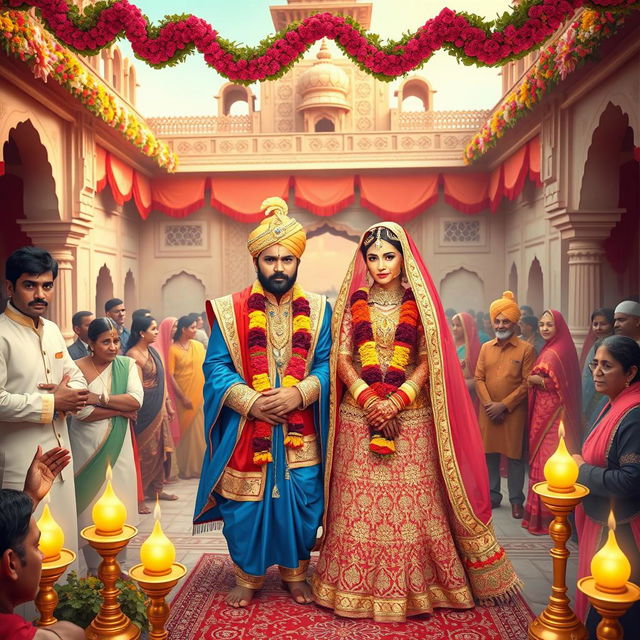 A grand Rajput wedding ceremony set in an ancient palace courtyard, featuring Goga Ji dressed in magnificent royal attire alongside a majestic bride adorned in traditional bridal outfit, colorful jewelry, and intricate henna designs