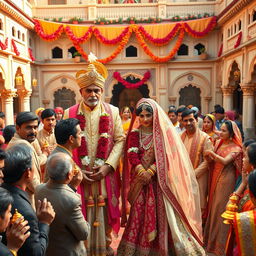 A grand Rajput wedding ceremony set in an ancient palace courtyard, featuring Goga Ji dressed in magnificent royal attire alongside a majestic bride adorned in traditional bridal outfit, colorful jewelry, and intricate henna designs