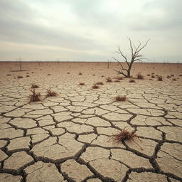 A bleak and desolate landscape featuring cracked earth that stretches endlessly across the horizon
