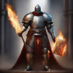 A high-quality digital art image features a human paladin in large armor, sans helmet