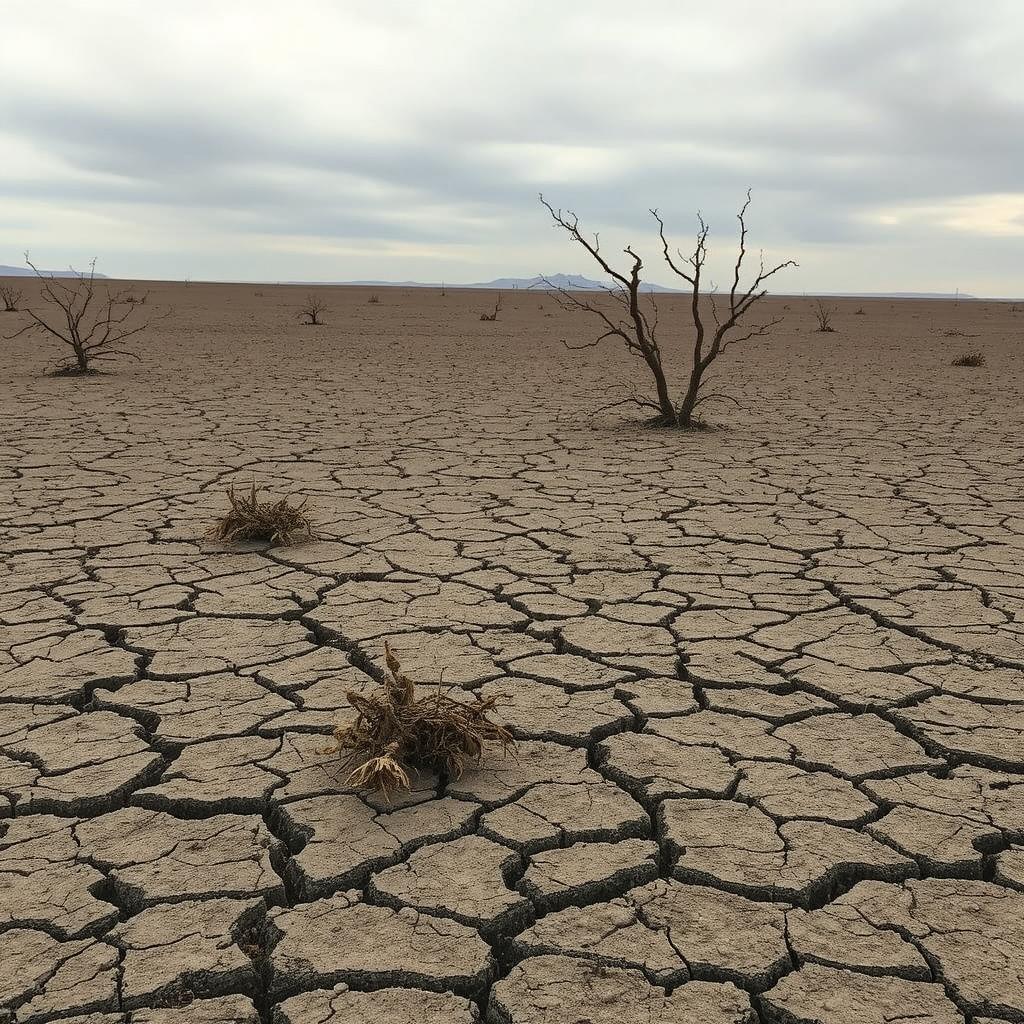 A bleak and desolate landscape featuring cracked earth that stretches endlessly across the horizon