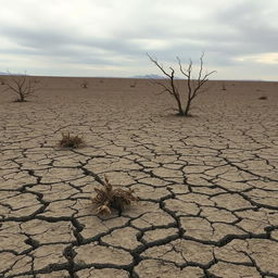 A bleak and desolate landscape featuring cracked earth that stretches endlessly across the horizon