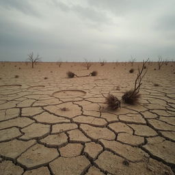 A bleak and desolate landscape featuring cracked earth that stretches endlessly across the horizon