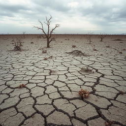 A bleak and desolate landscape featuring cracked earth that stretches endlessly across the horizon