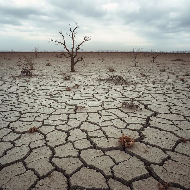 A bleak and desolate landscape featuring cracked earth that stretches endlessly across the horizon