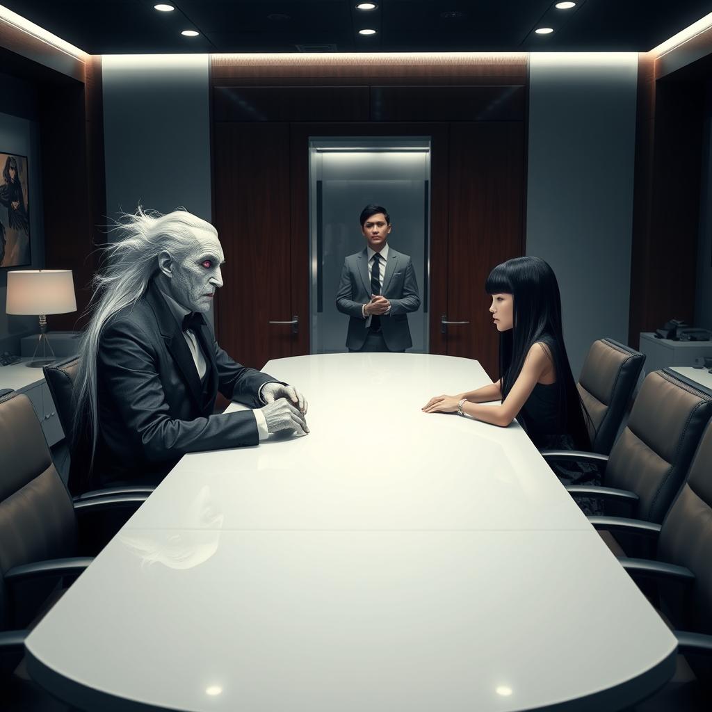 A middle-aged vampire with striking white hair and vibrant violet eyes, sitting confidently at a sleek conference table, facing a young girl with long black hair and captivating blue eyes, showcasing a tense but intriguing negotiation atmosphere