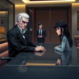 A middle-aged vampire with striking white hair and vibrant violet eyes, sitting confidently at a sleek conference table, facing a young girl with long black hair and captivating blue eyes, showcasing a tense but intriguing negotiation atmosphere