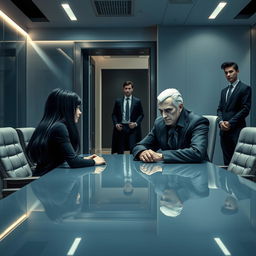 A middle-aged vampire with striking white hair and vibrant violet eyes, sitting confidently at a sleek conference table, facing a young girl with long black hair and captivating blue eyes, showcasing a tense but intriguing negotiation atmosphere