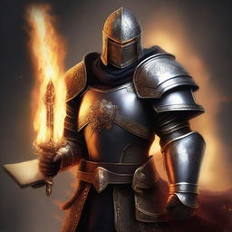 A high-quality digital art image features a human paladin in large armor, sans helmet