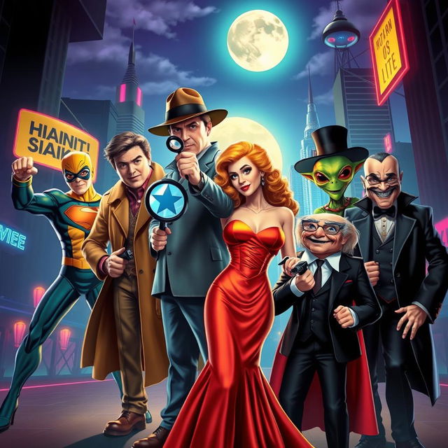 A vibrant and dynamic scene featuring iconic film characters from various genres, including a heroic superhero in a stylish costume striking a powerful pose, a mysterious detective wearing a classic trench coat and fedora holding a magnifying glass, a glamorous femme fatale in a vintage evening gown with an alluring expression, a quirky alien with bright colors and unique features, and a classic villain with a menacing grin and dark attire