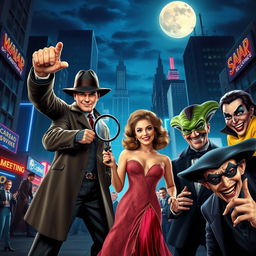 A vibrant and dynamic scene featuring iconic film characters from various genres, including a heroic superhero in a stylish costume striking a powerful pose, a mysterious detective wearing a classic trench coat and fedora holding a magnifying glass, a glamorous femme fatale in a vintage evening gown with an alluring expression, a quirky alien with bright colors and unique features, and a classic villain with a menacing grin and dark attire